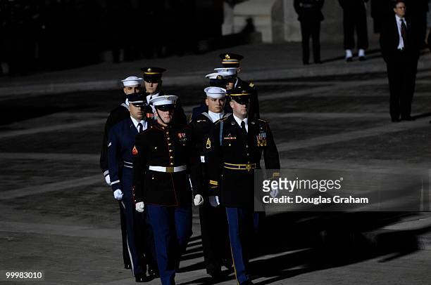 Military pallbearers carried the remains of former U.S. President Gerald R. Ford up the East Front Steps on the House side of the U.S. Capitol...