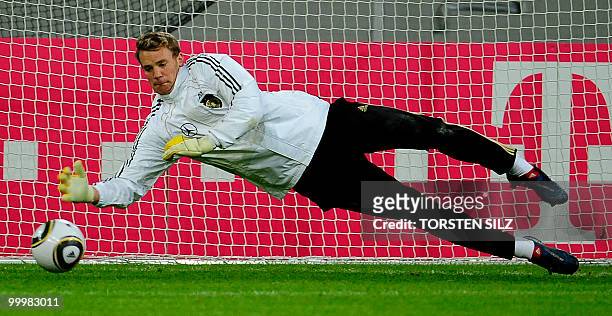 Germany's goalkeeper Manual Neuer takes part in a training session on May 12, 2010 in Duesseldorf, western Germany, one day ahead of their World Cup...