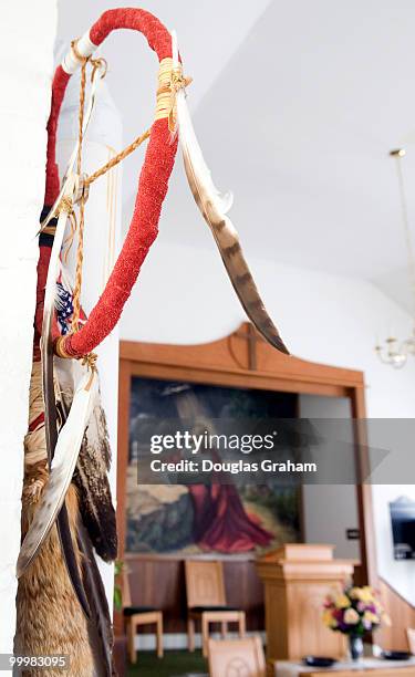 Prayer stick with a painting of Jesus in Indian View Church on the Upper Mattaponi land. The church was built in 1925 and is located on route 30 in...