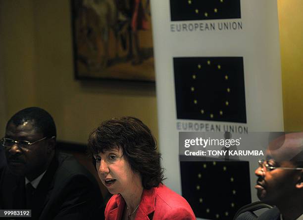 Foreign affairs chief Catherine Ashton speaks next to Kenya's Foreign Affairs Minister, Moses Wetangula during a press conference on May 19, 2010 in...
