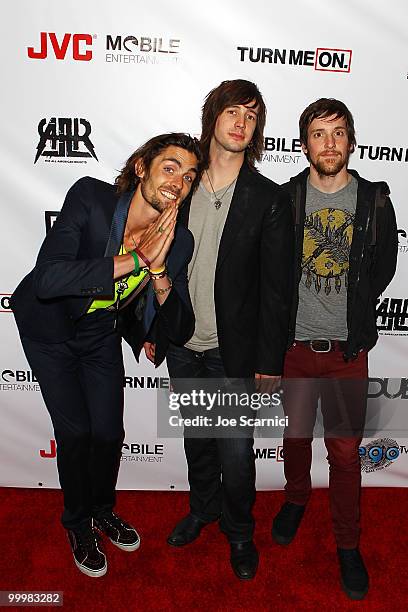 Tyson Ritter, Nick Wheeler and Mike Kennerty of All-American Rejects arrive at the All-American Rejects World Video Premiere Party at cinespace on...