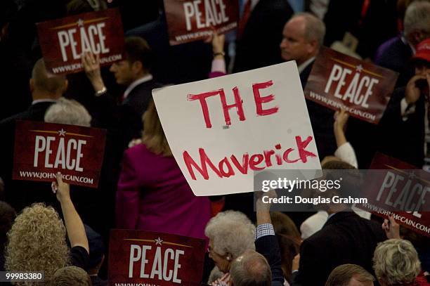 Signs for the Presidential Nominee John McCain are held up in the crowd on the forth day of the Republican National Convention held at the Xcel...