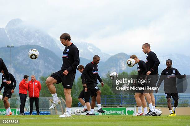 Steven Warnock, Jermain Defoe, Matthew Upson and Shaun Wright-Phillips warm up during an England training session on May 19, 2010 in Irdning, Austria.