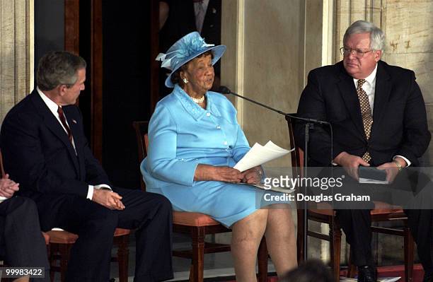 President George W. Bush, Dorothy Height and Speaker of the House Dennis Hastert, R-IL., during the Gold Medal Ceremony U. S. Capitol Rotunda.