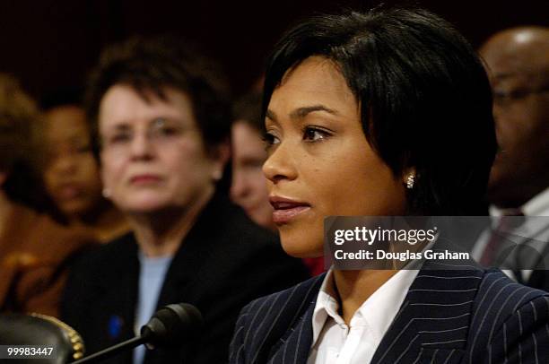 Billie Jean King looks on as Dominique Dawes testifies at the Senate Commerce Committee. The hearing comes at a time when the Department of Education...