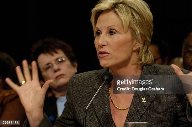 Billie Jean King looks on as Donna de Varona testifies at a Senate Commerce Committee. The hearing comes at a time when the Department of Education...