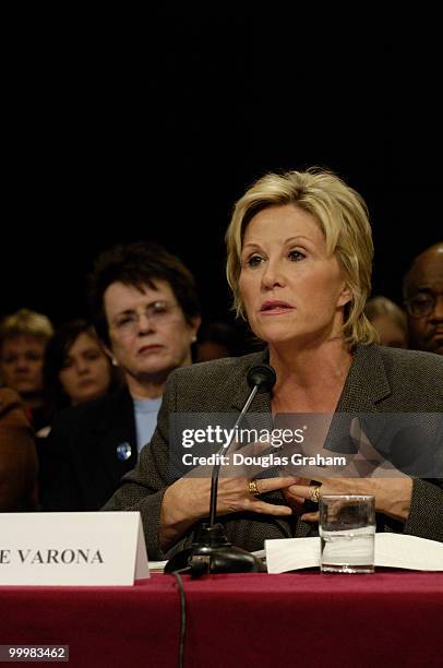 Billie Jean King looks on as Donna de Varona testifies at a Senate Commerce Committee. The hearing comes at a time when the Department of Education...