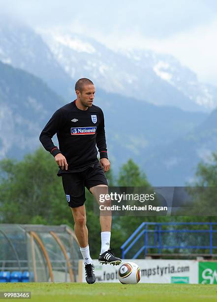 Matthew Upson runs with the ball during an England training session on May 19, 2010 in Irdning, Austria.