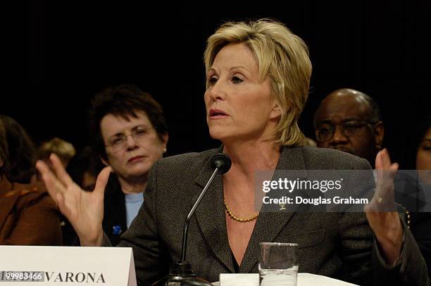 Billie Jean King looks on as Donna de Varona testifies at a Senate Commerce Committee. The hearing comes at a time when the Department of Education...