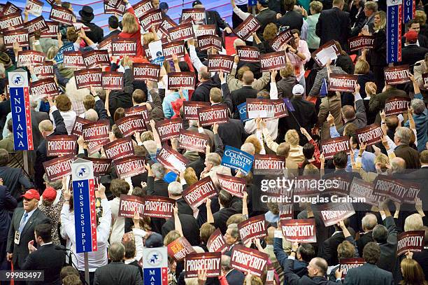 Delegates hold up signs as Republican Vice Presidential Presumptive Nominee Sarah Palin speaks on the third day of the Republican National Convention...