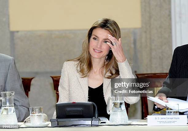 Princess Letizia of Spain receives members of the 'Principe de Girona' foundation, at El Pardo Palace on May 19, 2010 in Madrid, Spain.
