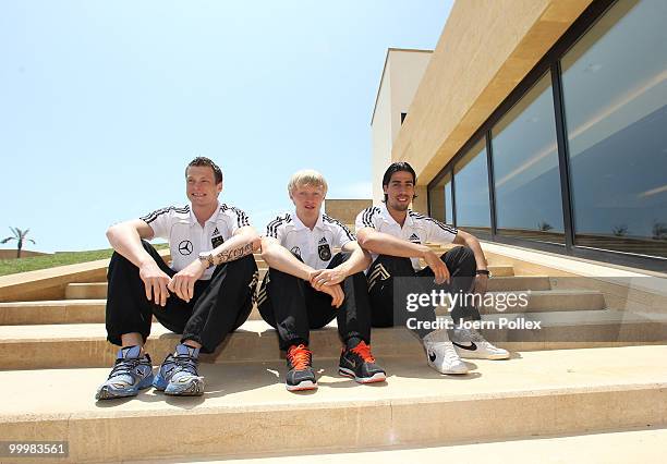 Sami Khedira, Andreas Beck and Marcell Jansen of Germany are pictured during a press conference at Verdura Golf and Spa Resort on May 19, 2010 in...