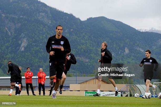 Rio Ferdinand warms up during an England training session on May 19, 2010 in Irdning, Austria.