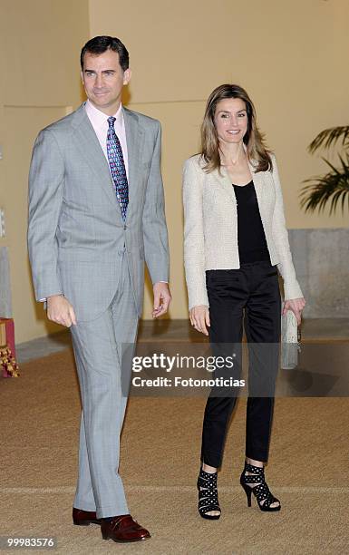 Prince Felipe of Spain and Princess Letizia of Spain receive members of the 'Principe de Girona' foundation, at El Pardo Palace on May 19, 2010 in...