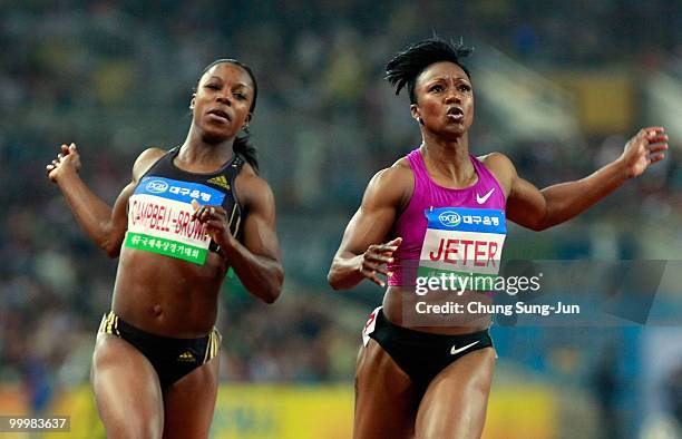 Carmelita Jeter of US and Veronica Campbell-Brown of Jamaica compete in the women's 100 meters during the Colorful Daegu Pre-Championships Meeting...