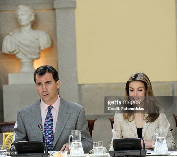 Prince Felipe of Spain and Princess Letizia of Spain receive members of the 'Principe de Girona' foundation, at El Pardo Palace on May 19, 2010 in...