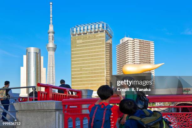 waterfront skyline portrait on the sumida river in the old downtown asakusa district of tokyo, japan - distriktet taito bildbanksfoton och bilder