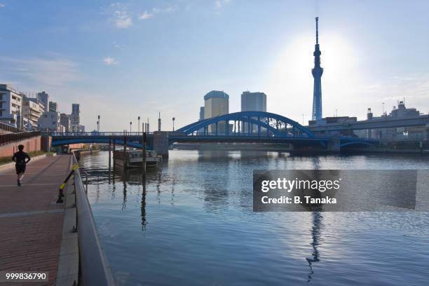 tokyo skytree reflection on the sumida river in the old downtown asakusa district of tokyo, japan - shitamachi stockfoto's en -beelden