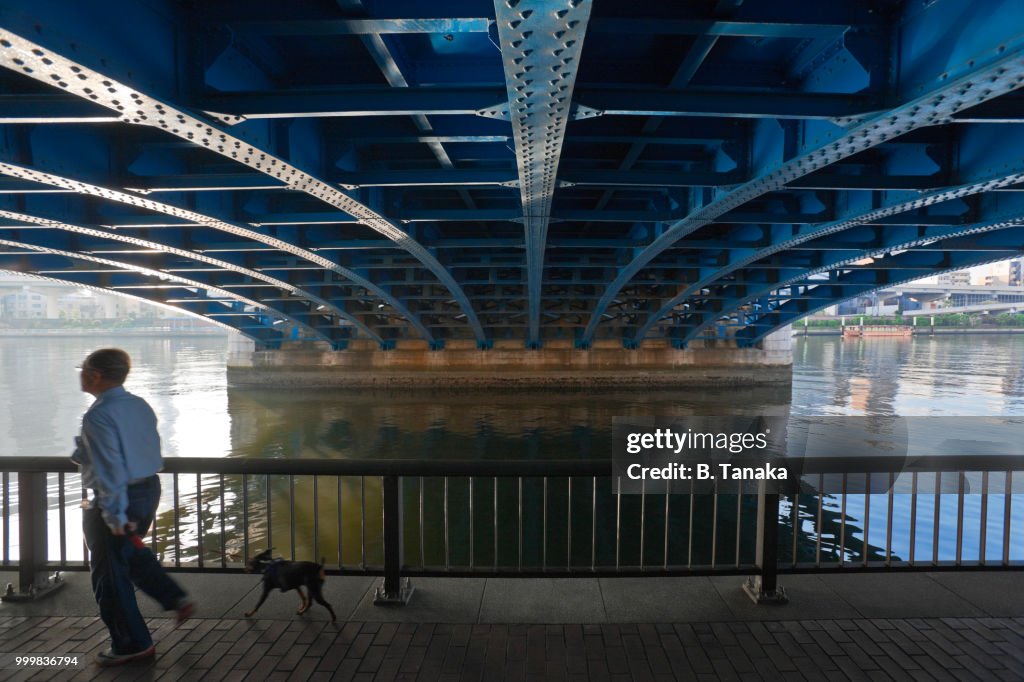 Riverside Promenade and Komagata Bridge on Sumida River in the Old Asakusa District of Tokyo, Japan