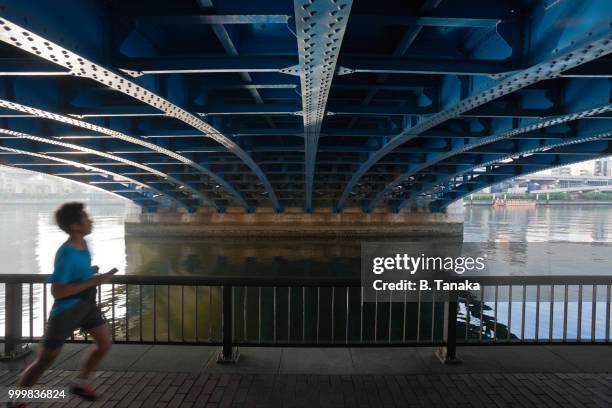 riverside promenade and komagata bridge on sumida river in the old asakusa district of tokyo, japan - tanaka stockfoto's en -beelden