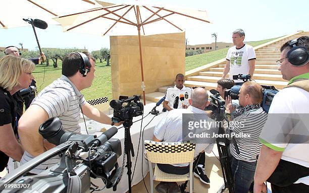 Jerome Boateng of Germany talks to the media during a press conference at Verdura Golf and Spa Resort on May 19, 2010 in Sciacca, Italy.