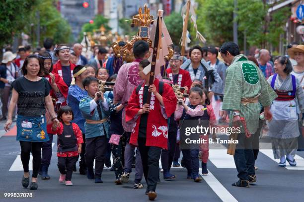 children's mikoshi portable shrine at sanja festival in the downtown asakusa district of tokyo, japan - sanja festival stock pictures, royalty-free photos & images