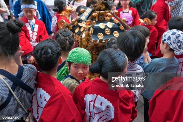 children's mikoshi portable shrine at sanja festival in the downtown asakusa district of tokyo, japan - mikoshi stock pictures, royalty-free photos & images