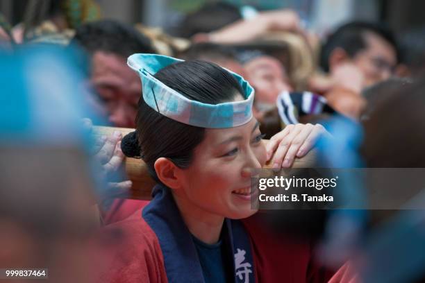 mikoshi portable shrine team at sanja festival in the old downtown asakusa district of tokyo, japan - tanaka stock pictures, royalty-free photos & images