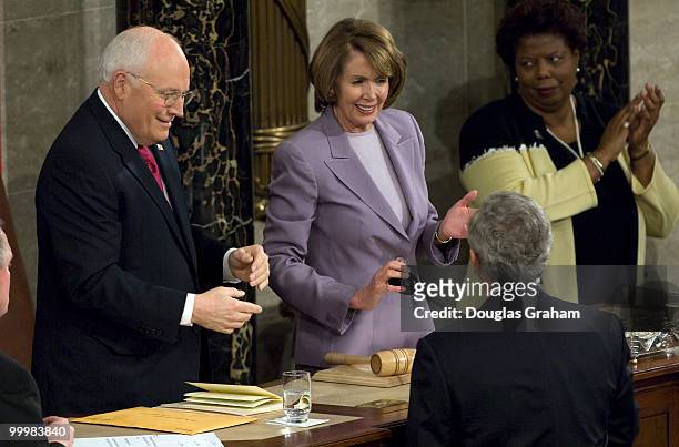Vice President Dick Cheney and Speaker of the House Nancy Pelosi and President George W. Bush before he delivered the final State of the Union...