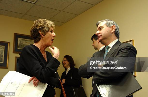 Sarah Brady, chairman BCPGV, talks with Sen. Jack Reed, D-R.I., before the start of the news conference to oppose legal immunity for the gun...