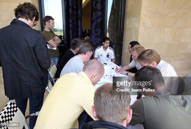 Sami Khedira of Germany talks to the media during a press conference at Verdura Golf and Spa Resort on May 19, 2010 in Sciacca, Italy.