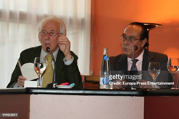 Albert Boadella speaks beside Curro Romero during the 'Young People On The 21st Century And The Bullfighting World' conference on May 18, 2010 in...