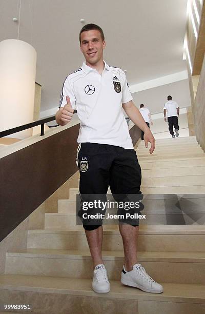 Lukas Podolski of Germany talks to the media during a press conference at Verdura Golf and Spa Resort on May 19, 2010 in Sciacca, Italy.