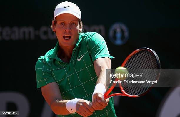 Tomas Berdych of Czech Republic in action during his match against Carsten Ball of Australia during day four of the ARAG World Team Cup at the...