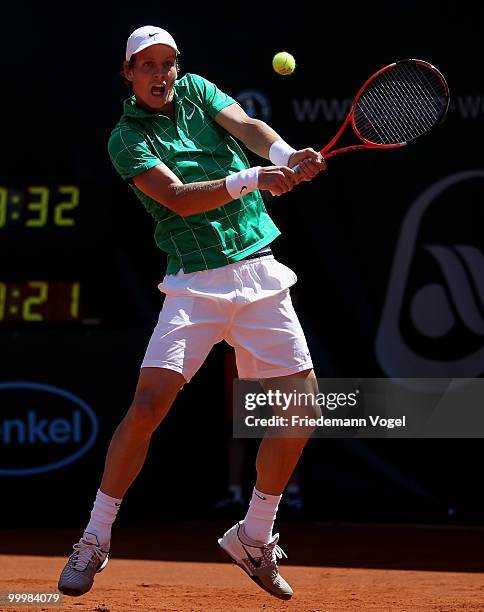 Tomas Berdych of Czech Republic in action during his match against Carsten Ball of Australia during day four of the ARAG World Team Cup at the...