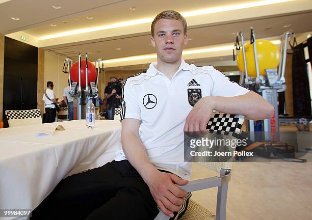 Manuel Neuer of Germany talks to the media during a press conference at Verdura Golf and Spa Resort on May 19, 2010 in Sciacca, Italy.