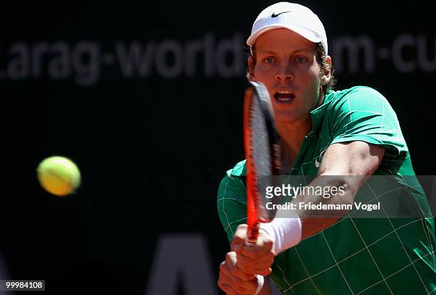 Tomas Berdych of Czech Republic in action during his match against Carsten Ball of Australia during day four of the ARAG World Team Cup at the...