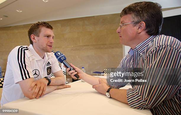 Per Mertesacker of Germany talks to the media during a press conference at Verdura Golf and Spa Resort on May 19, 2010 in Sciacca, Italy.