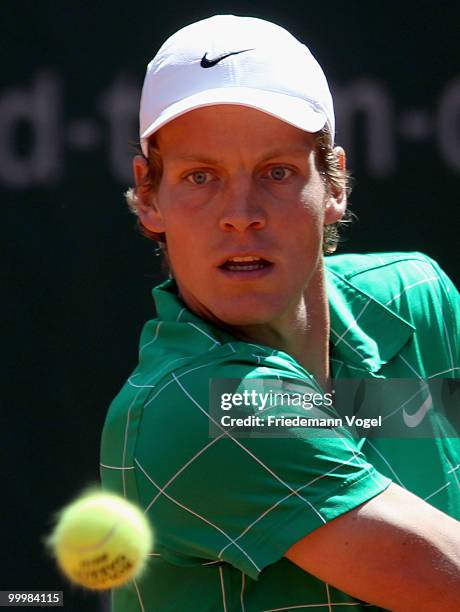 Tomas Berdych of Czech Republic in action during his match against Carsten Ball of Australia during day four of the ARAG World Team Cup at the...