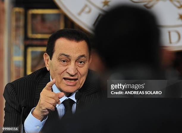 Egyptian President Hosni Mubarak speaks during a joint press conference with Italian Prime Minister Silvio Berlusconi and an Egyptian-Italian summit...