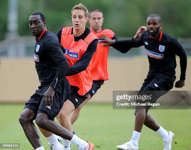 Emile Heskey, Michael Dawson, Matthew Upson and Darren Bent tussel for the ball during an England training session on May 19, 2010 in Irdning,...