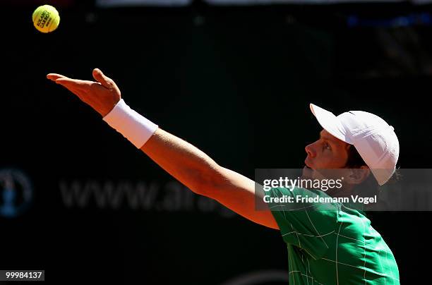 Tomas Berdych of Czech Republic in action during his match against Carsten Ball of Australia during day four of the ARAG World Team Cup at the...