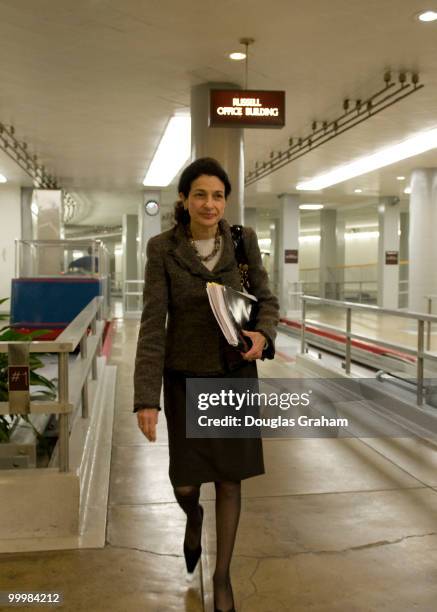 Olympia Snowe, R-ME., heads to the luncheons in the U.S. Capitol through the Senate subway on December 22, 2009.