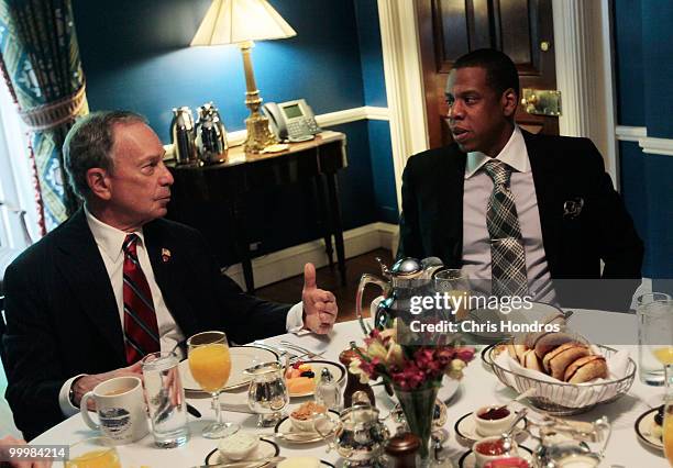 New York City Mayor Michael Bloomberg , and rapper and New Jersey Nets basketball team co-owner Shawn "Jay-Z" Carter , attend a breakfast meeting at...