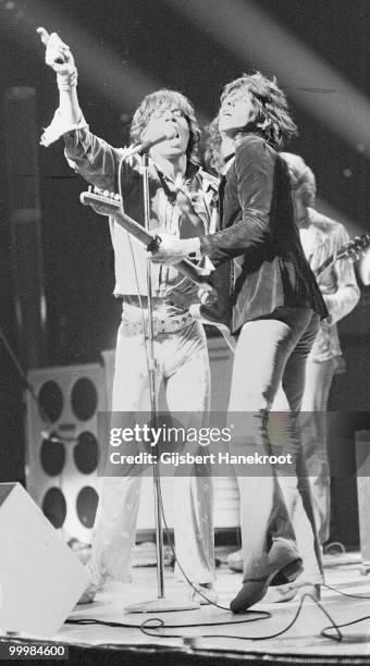 The Rolling Stones perform live on stage at Ahoy in Rotterdam, Netherlands on October 13 1973 L-R Mick Jagger, Keith Richards