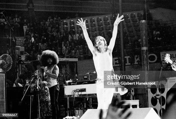 The Rolling Stones performs live at Ahoy in Rotterdam, Netherlands on October 13 1973 L-R Manuel Kellough, Mick Jagger