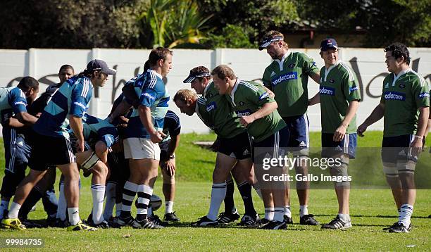 The players scrum down during the Vodacom Stormers training session held at the High Performance Centre in Bellville on May 19, 2010 in Cape Town,...