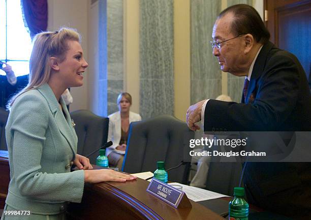 Chairman Daniel Inouye, D-HI., greets Miss America 2007 Lauren Nelson before the start of the Senate Commerce, Science and Transportation Committee...