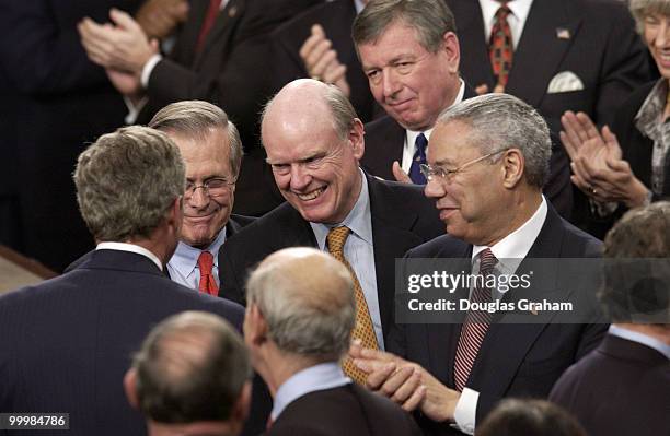 President George w. Bush, Secretary of Defense Donald Rumsfeld, Secretary of the Treasury John W. Snow, Attorney General John Ashcroft and Secretary...