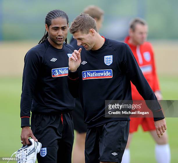 Steven Gerrard shares a joke with Glenn Johnson during an England training session on May 19, 2010 in Irdning, Austria.